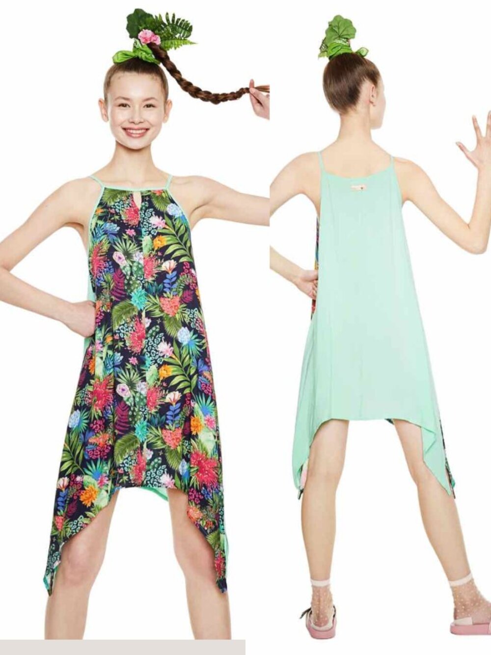 DESIGUAL Psychotropical Floral Halter Asymmetrical Hem Summer Dress Mermaid Sz M
